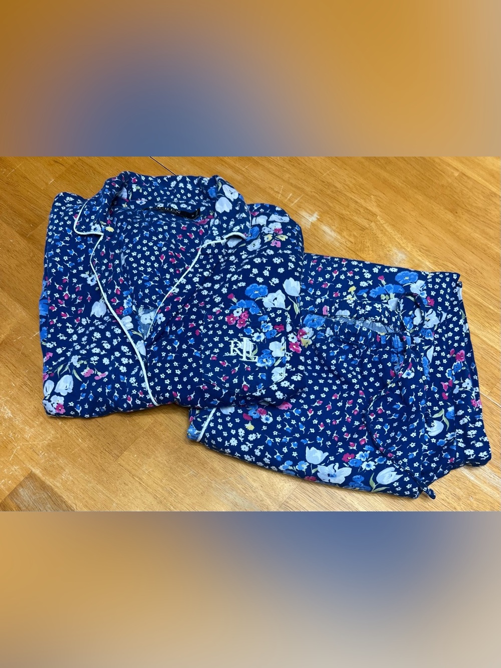 Ralph Lauren Navy Floral Button-Up Top with Pink Accents, size Medium on both.